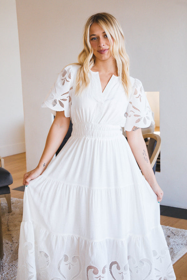 Eloise Eyelet Scallop Hem Midi Dress, White