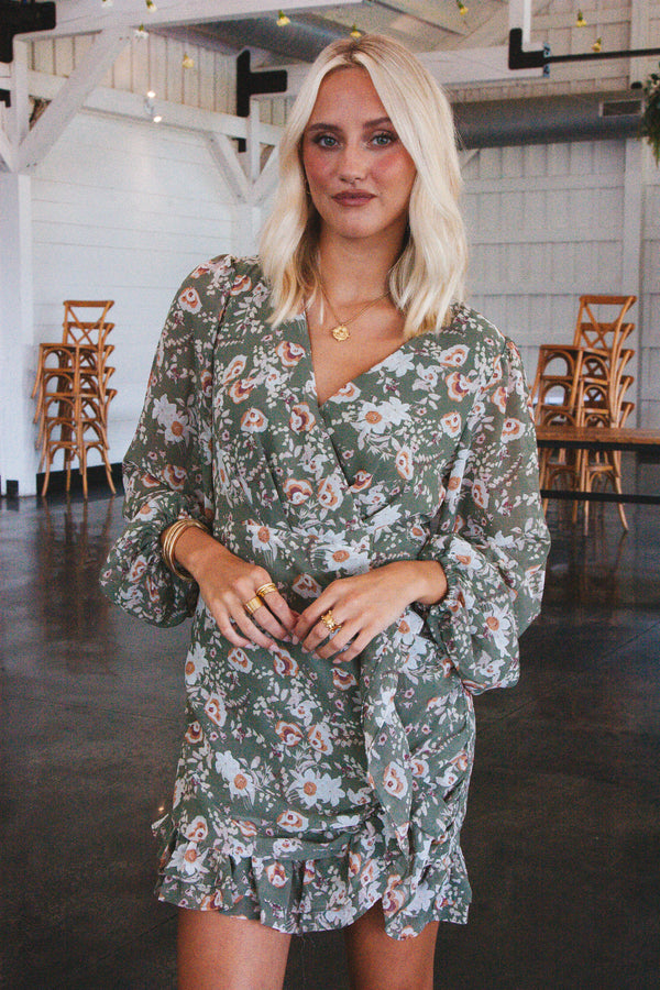 Feeling Flirty Floral Mini Dress, Olive