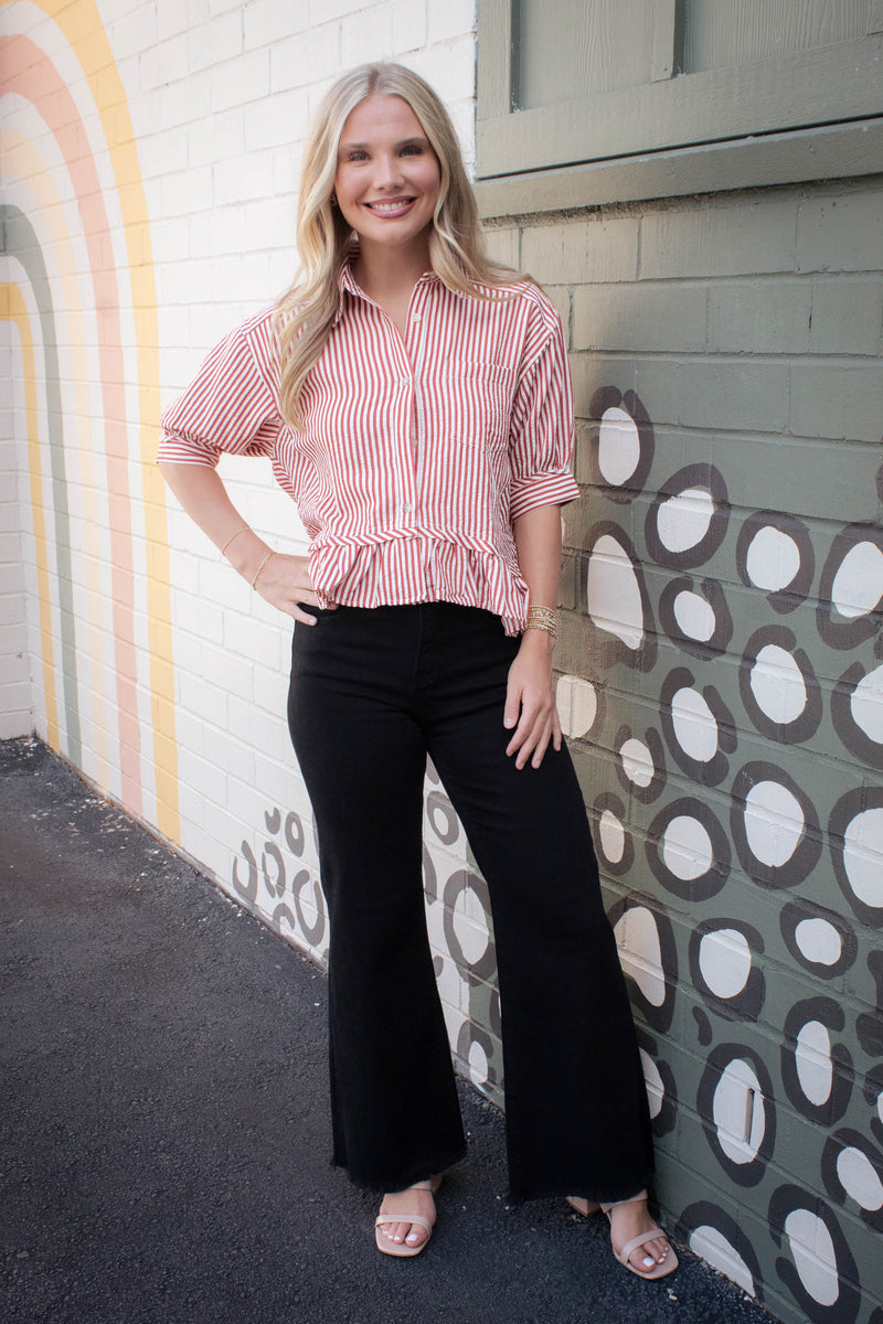Indie Striped Ruffle Hem Button Up Top, Brick