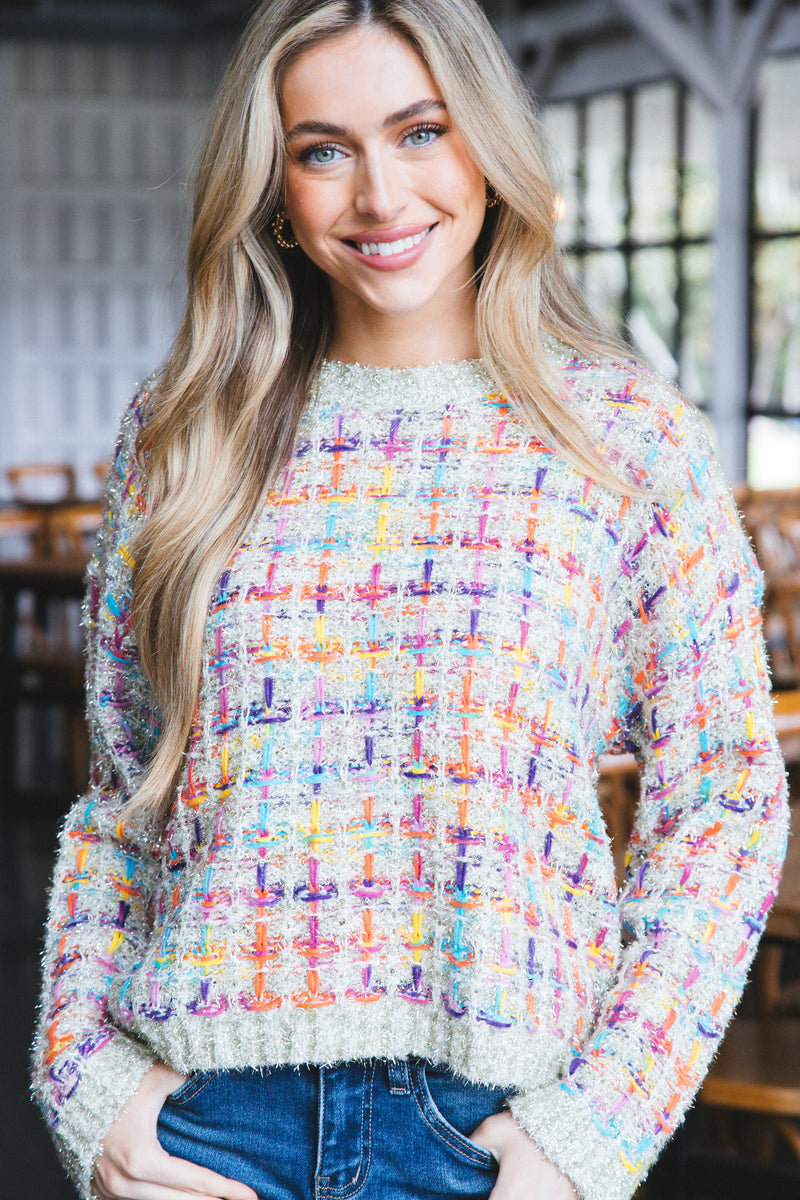 Millard Tweed Knit Sweater, Cream Multi