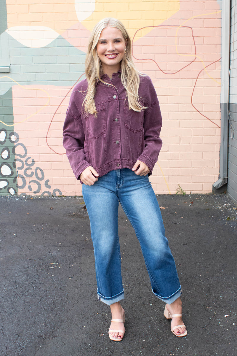 Audrey Button Down Denim Jacket, Cherry Lacquer