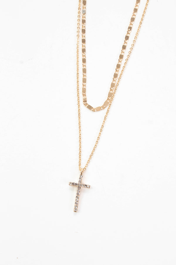 Cecilia Rhinestone Cross Layered Necklace, Gold