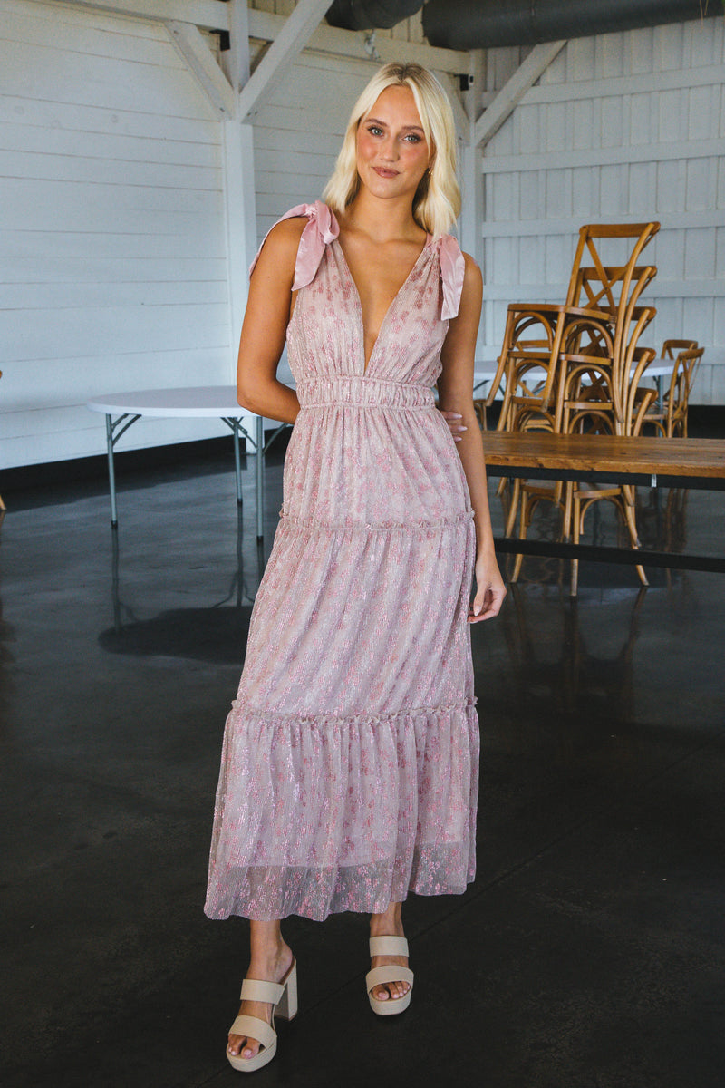 Entrez Metallic Maxi Dress, Pink Silver
