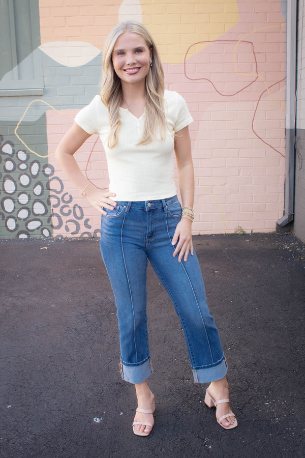 Julia Pointelle Knit Henley Top, Butter