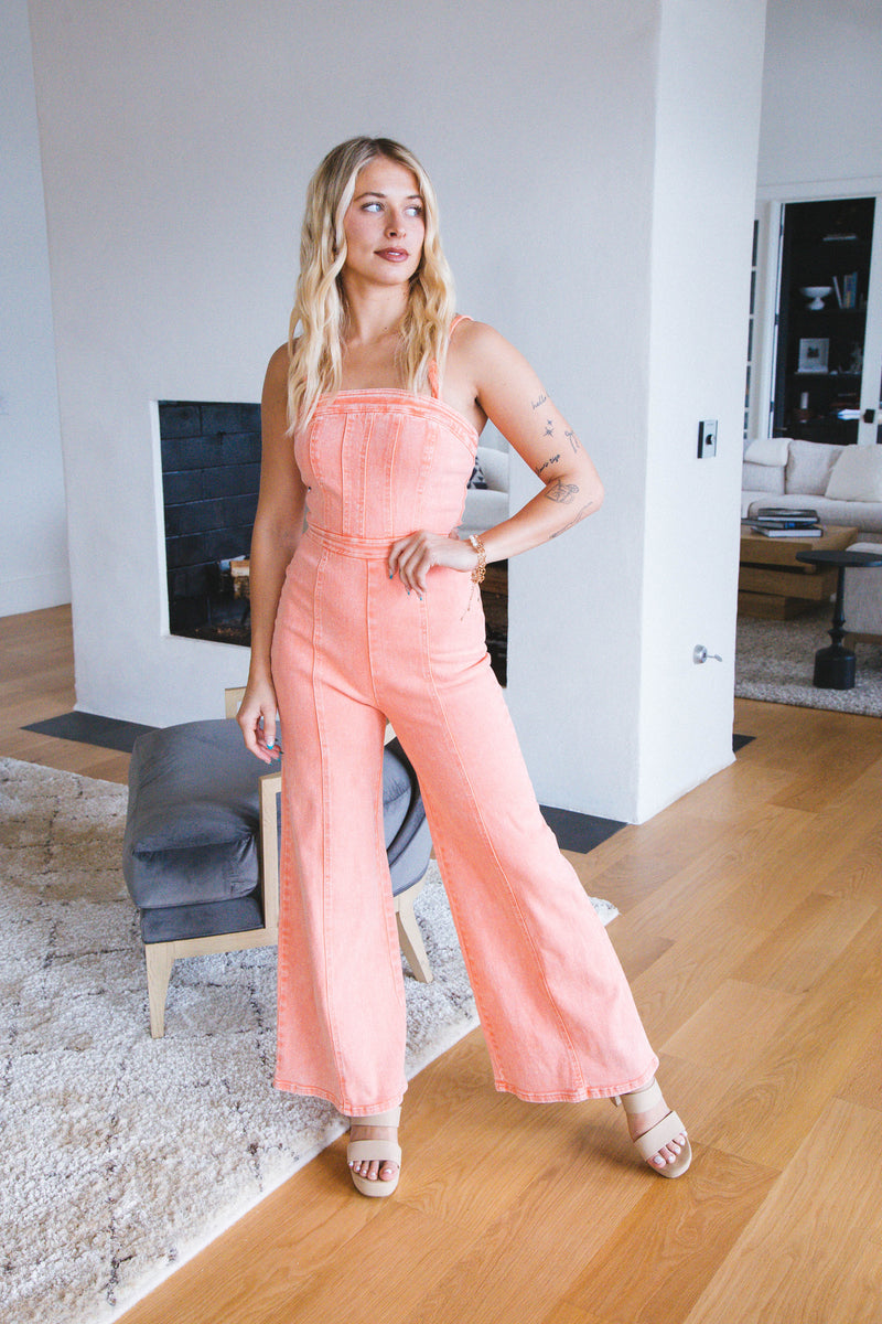 Millie Twill Wide Leg Jumpsuit, Coral