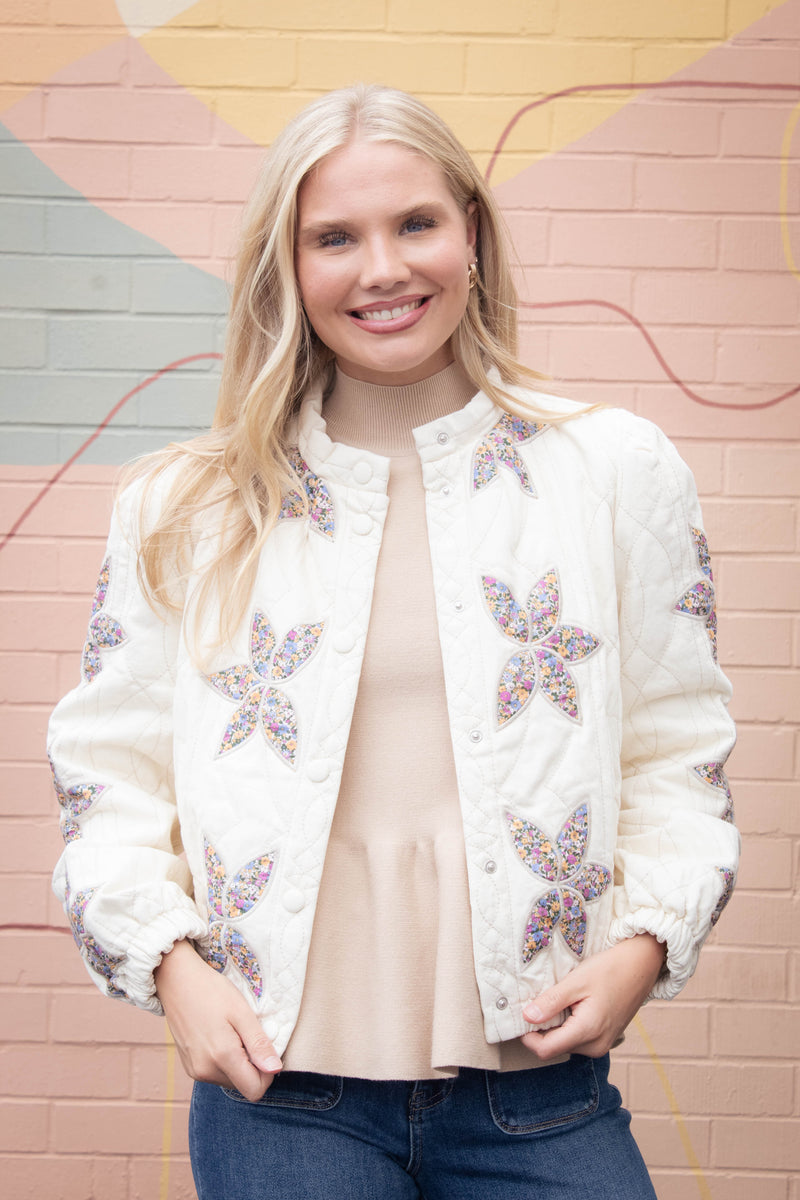 Enid Floral Applique Quilted Jacket, Cream