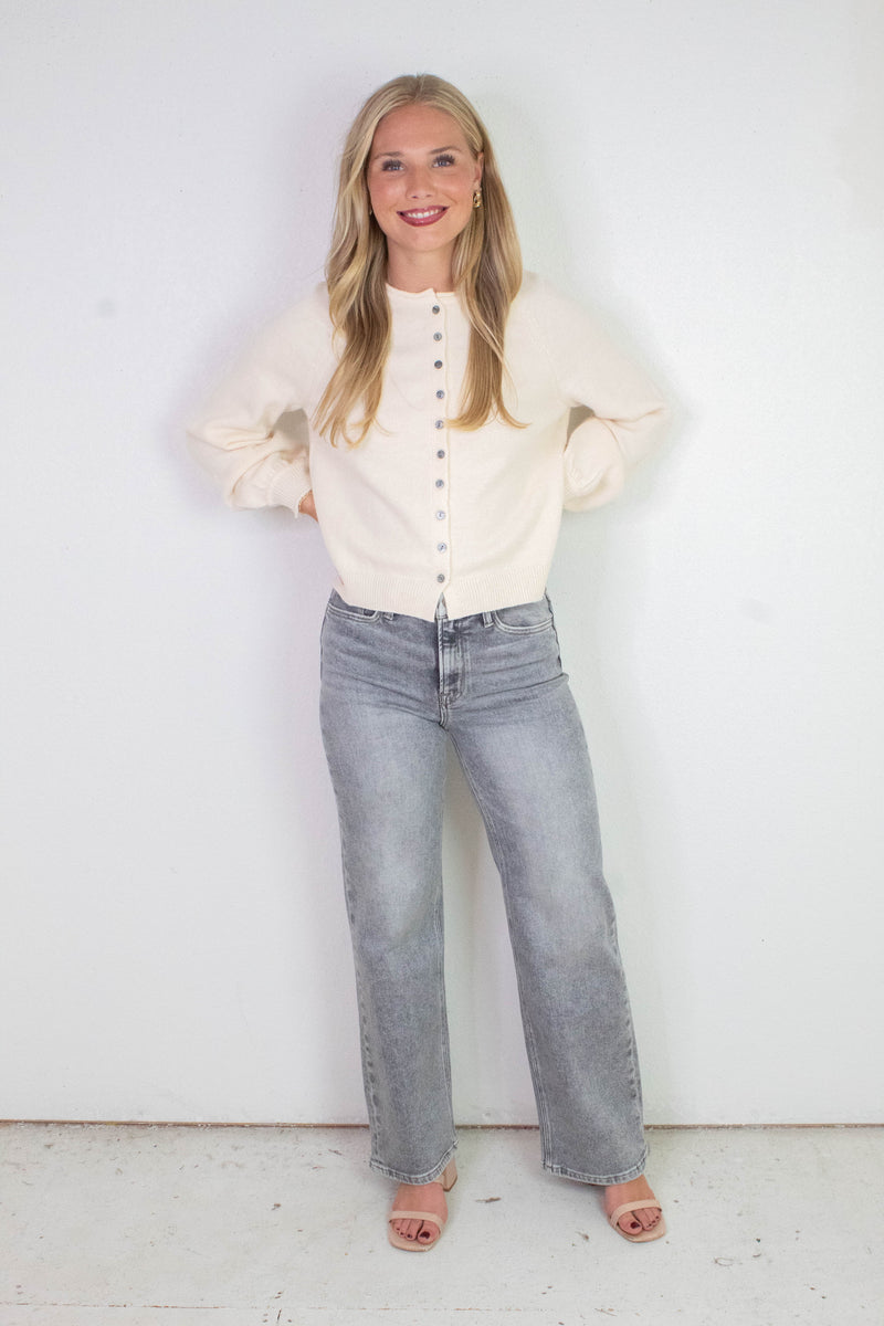 Juliette Rolled Edge Balloon Sleeve Cardigan, Cream
