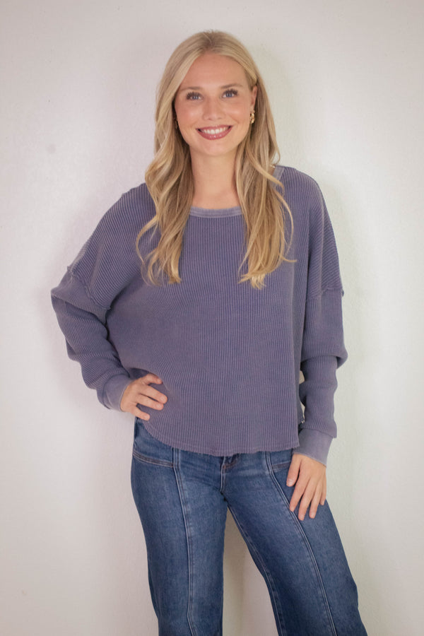 Marlowe Boat Neck Raw Edge Top, Dusty Indigo