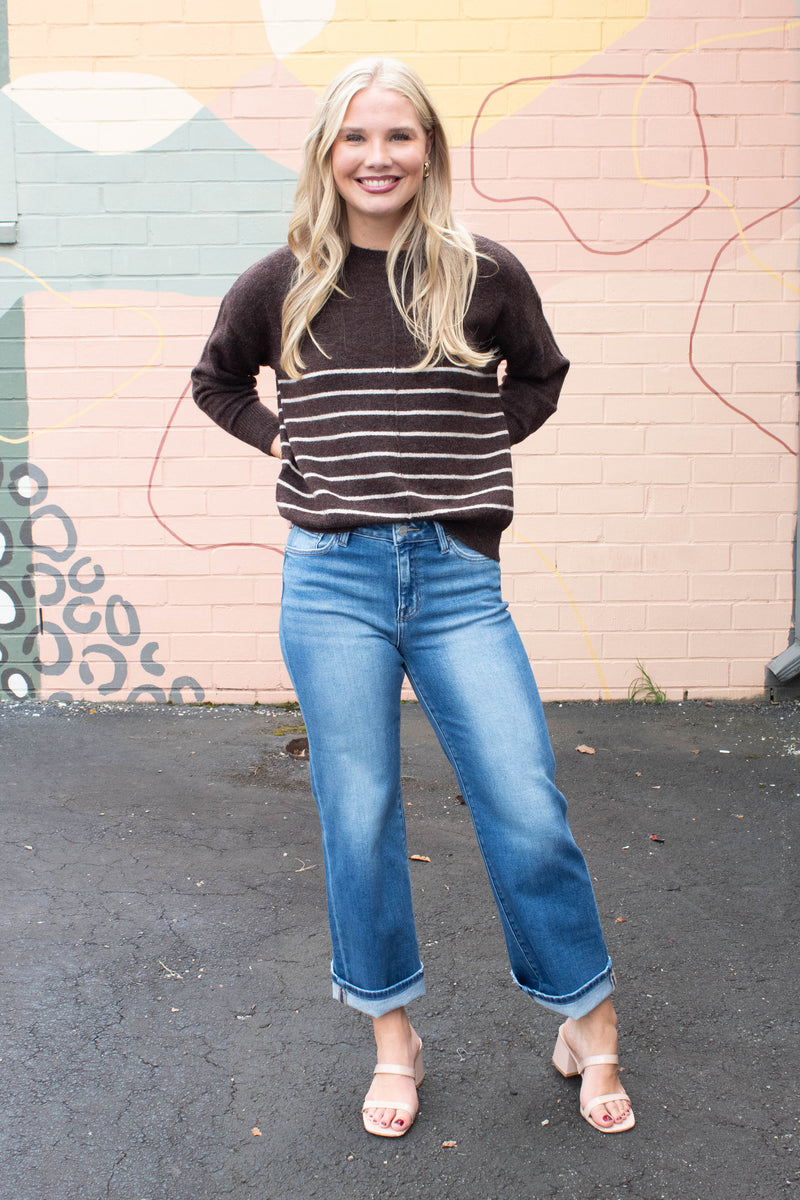 Kyra Striped Seam Detail Sweater, Brown