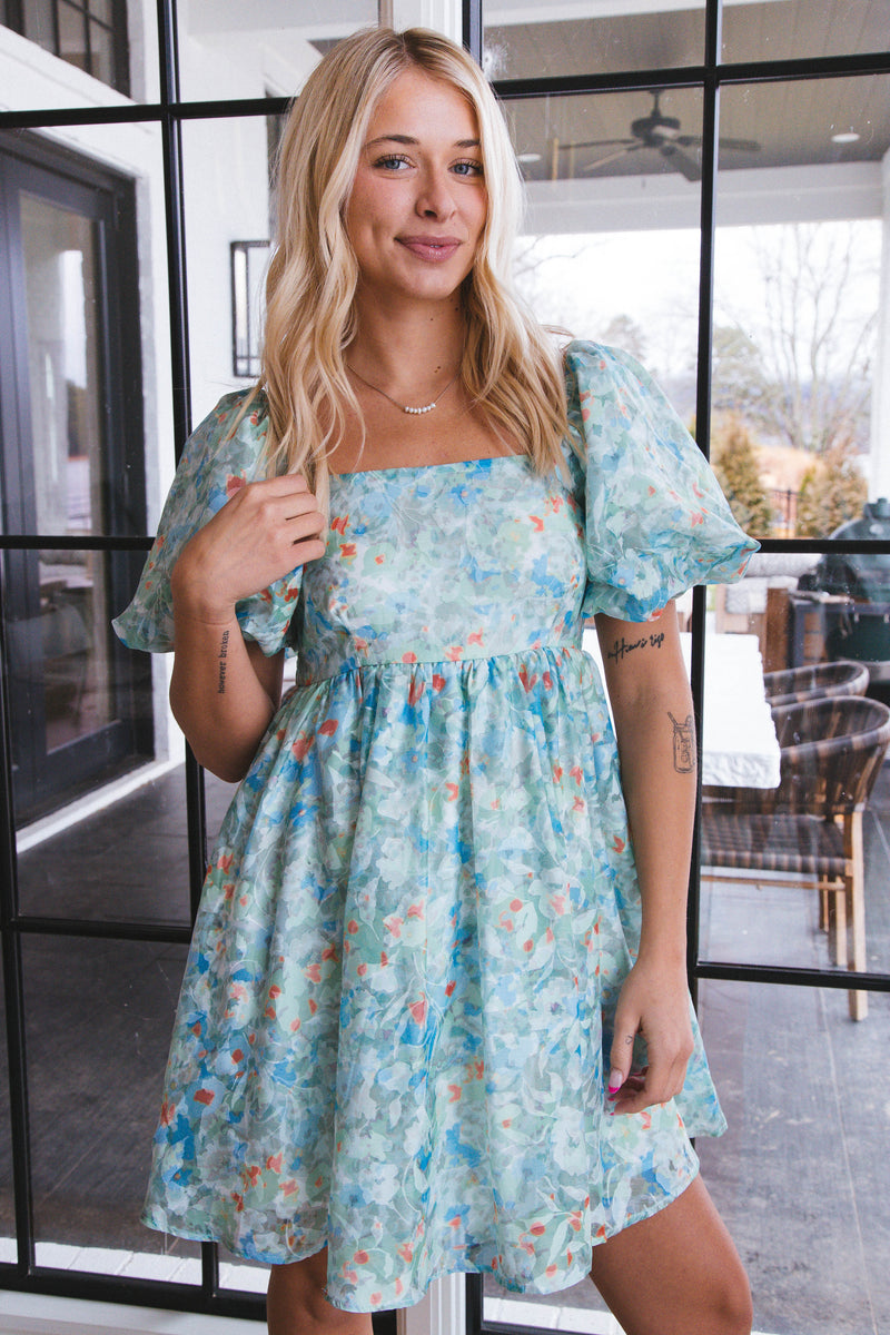 Braelyn Floral Puff Sleeve Dress, Green Combo