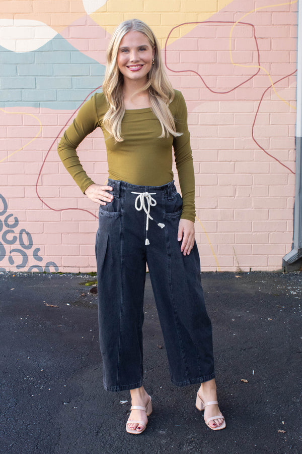 Raya Drawstring Barrel Leg Pants, Black Denim