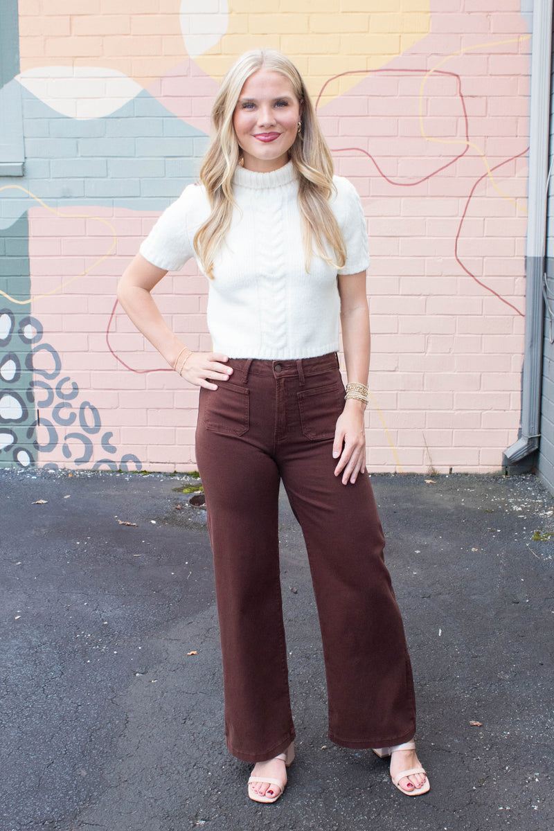Leah Patch Pocket Wide Leg Jeans, Dark Brown