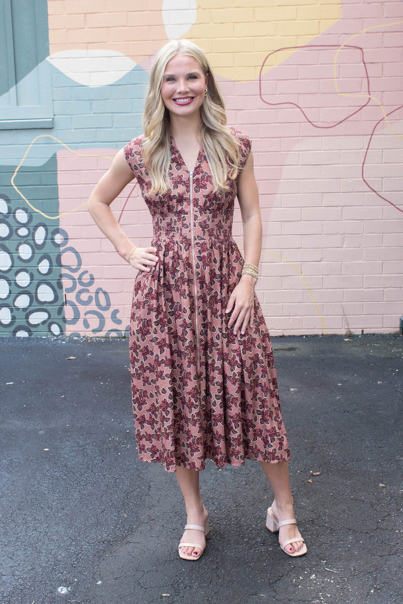 Molly Printed Front Zip Dress, Dusty Rose/Wine