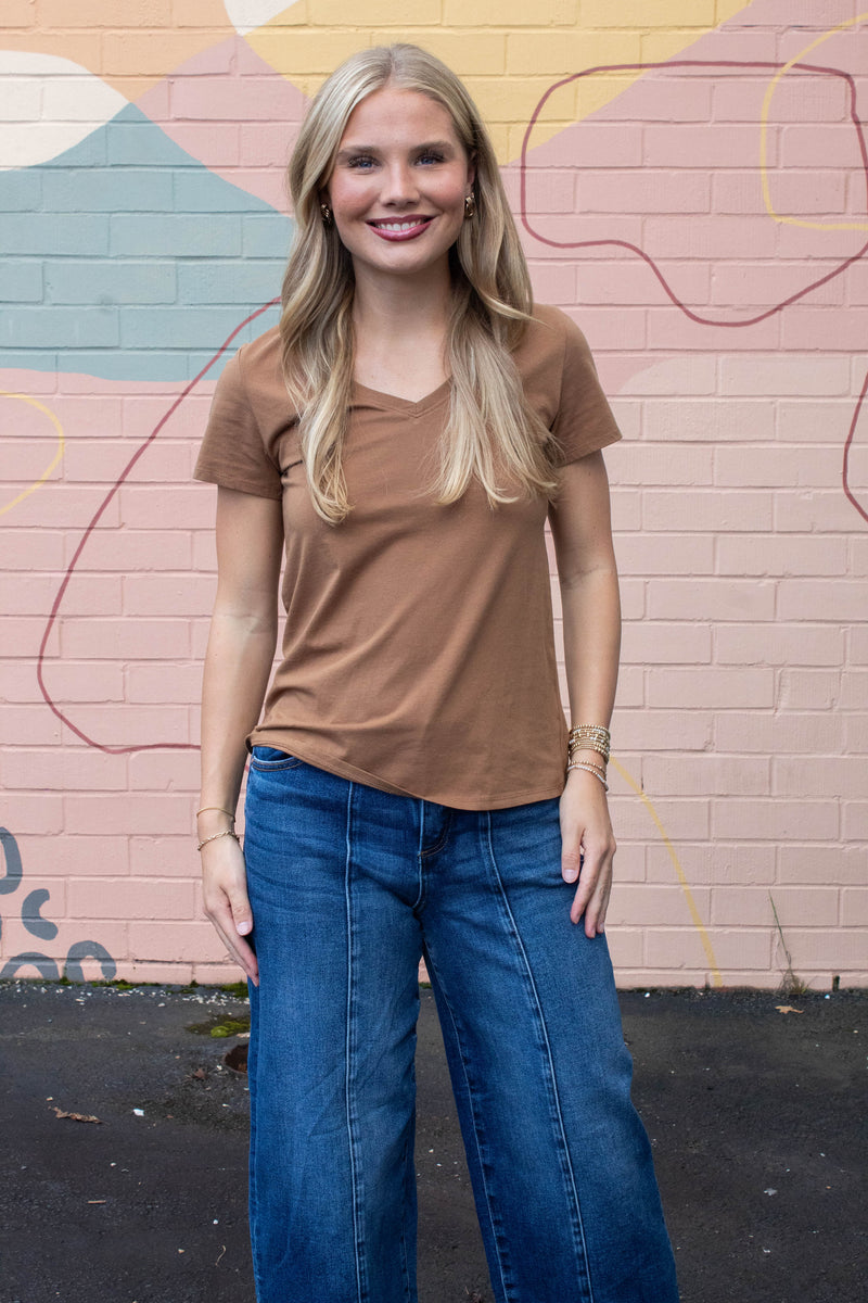 Tatum Cotton Jersey V-Neck Tee, Bronze Brown