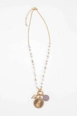Viola Charm Pendant Short Necklace, Light Grey/Gold