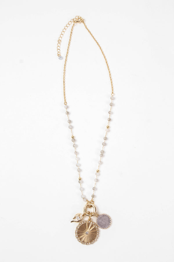 Viola Charm Pendant Short Necklace, Light Grey/Gold