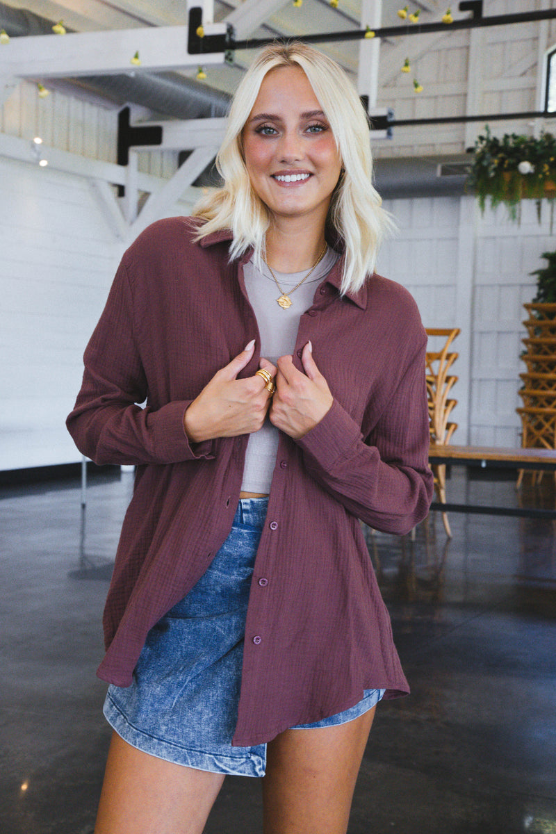 Cora Gauze Oversized Button Down Top, Plum