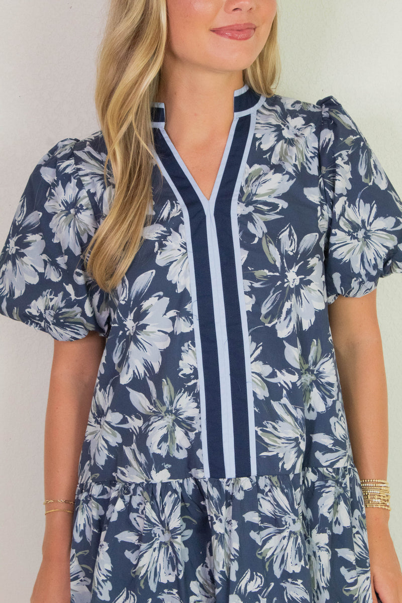 Dinah Puff Sleeve Contrast Stripe Dress, Navy