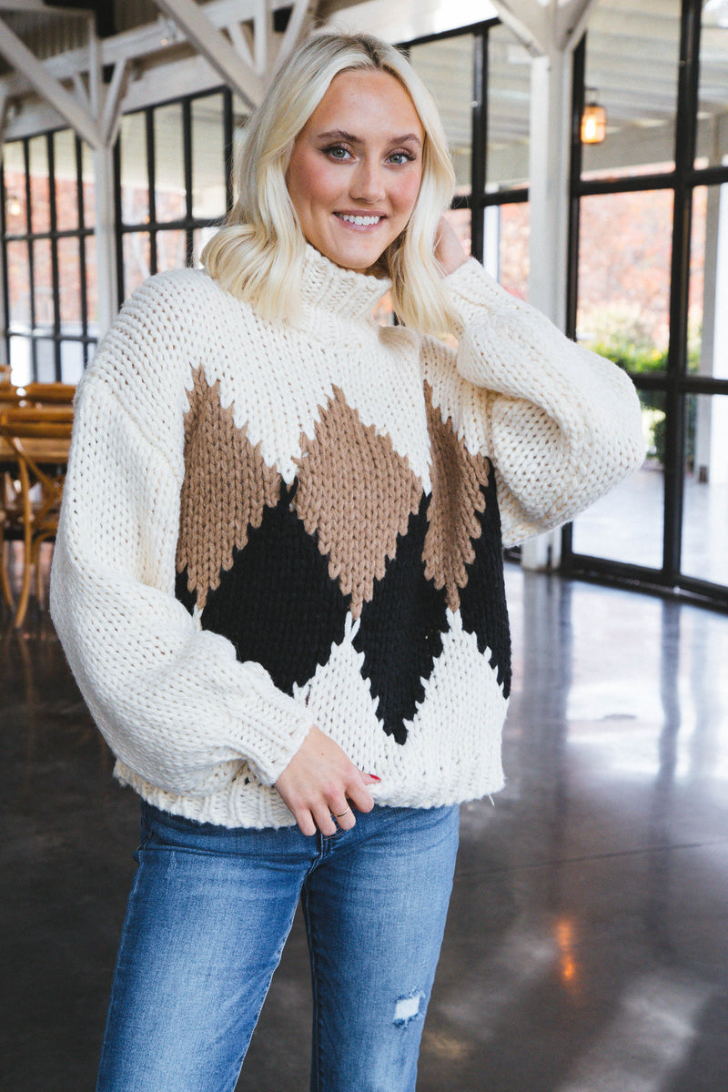 Melody Chunky Knit Geometric Sweater, Mocha Coffee