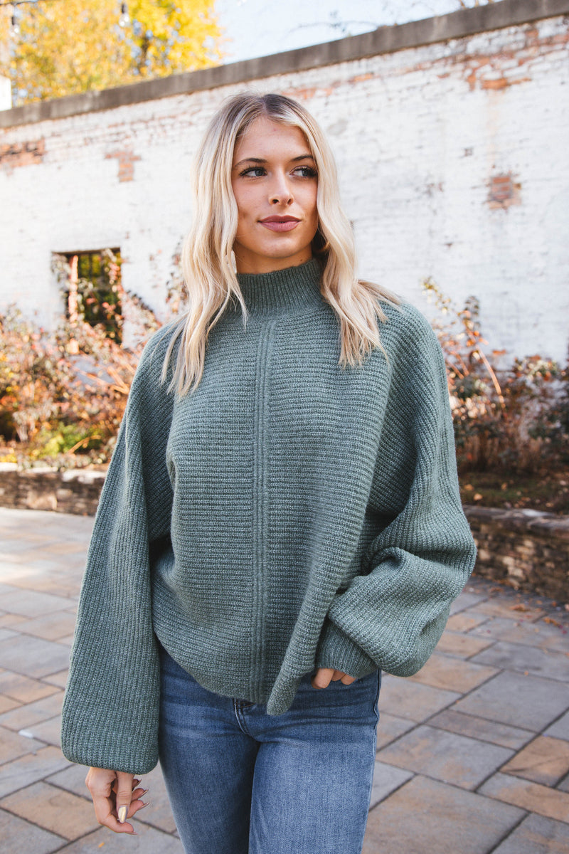 Elsie Chunky Mock Neck Sweater, Gray Green