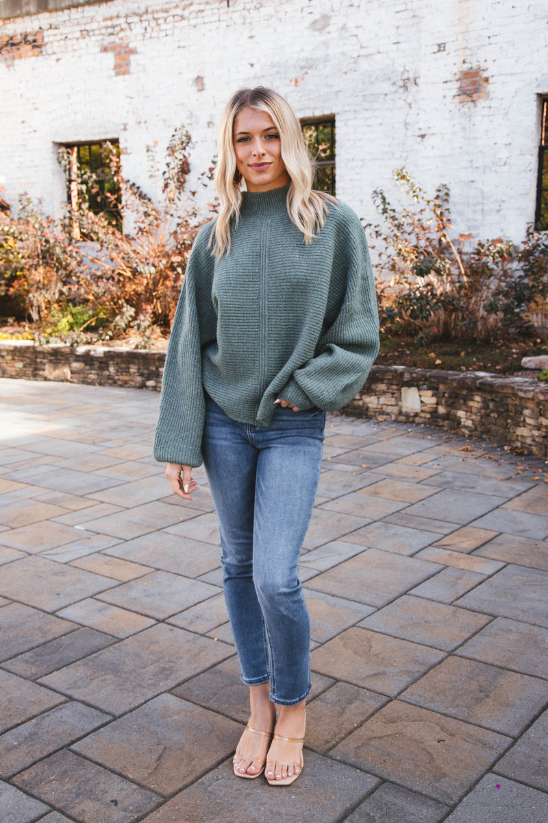 Elsie Chunky Mock Neck Sweater, Gray Green