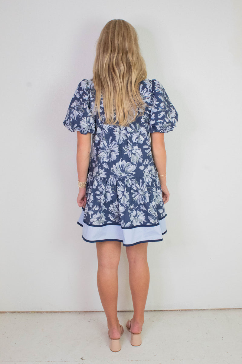 Dinah Puff Sleeve Contrast Stripe Dress, Navy