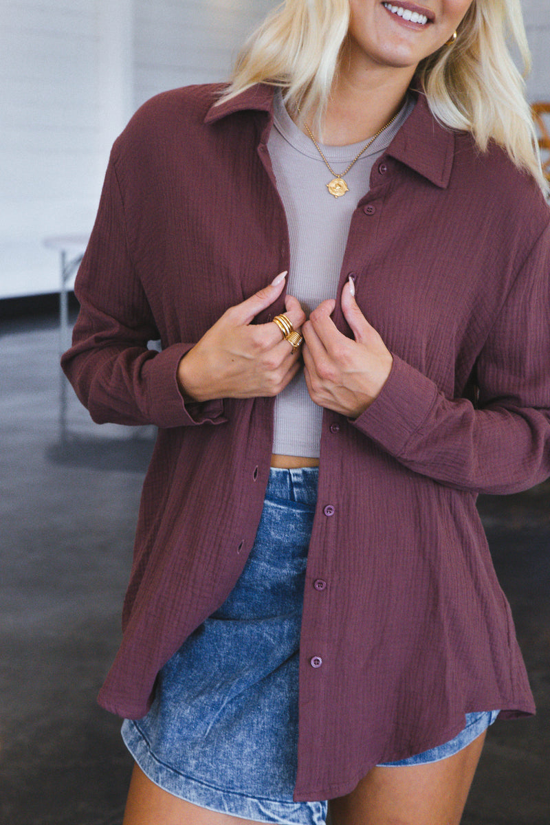 Cora Gauze Oversized Button Down Top, Plum