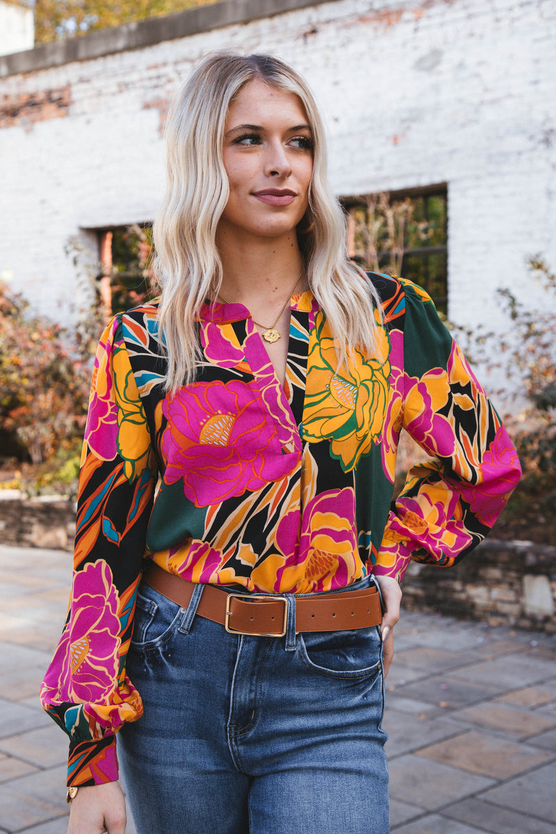 Amayah Long Sleeve Floral Split Neck Blouse, Black/Hunter Green