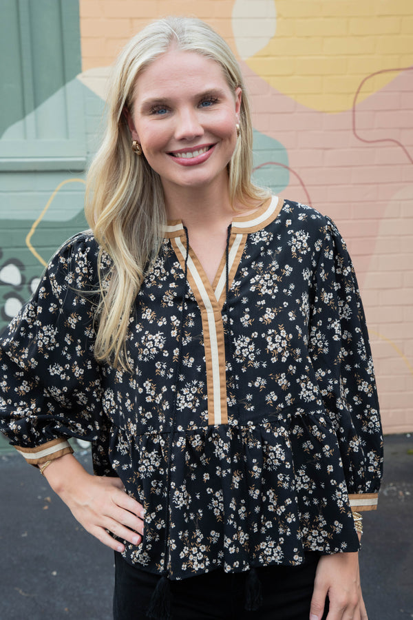 Wren Ditsy Floral Peplum Blouse, Black Multi