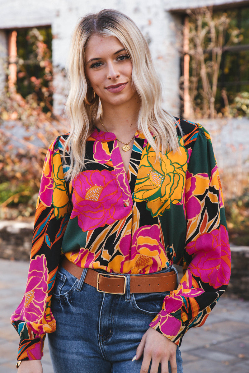 Amayah Long Sleeve Floral Split Neck Blouse, Black/Hunter Green