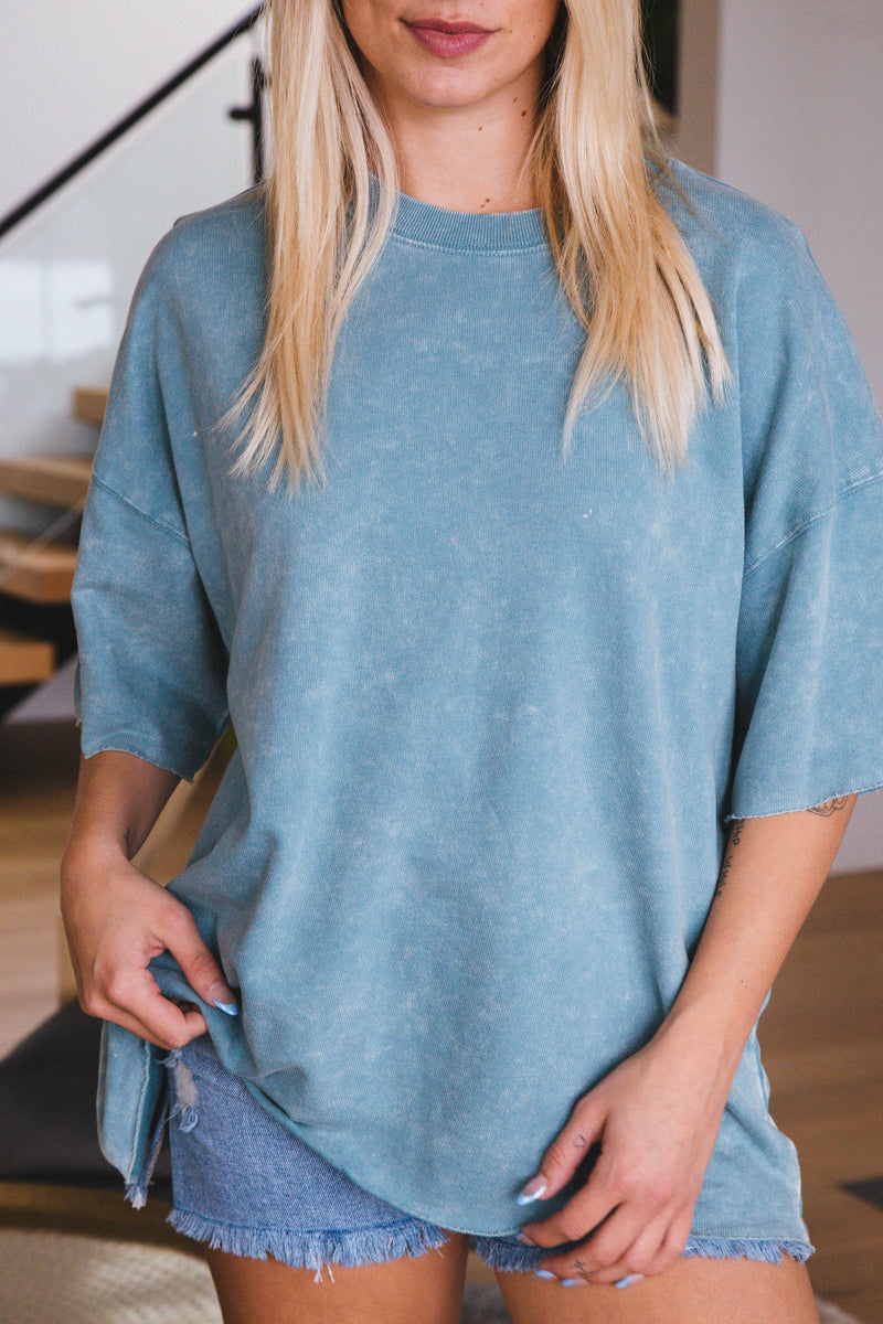 Margaret Washed French Terry Top, Ash Blue