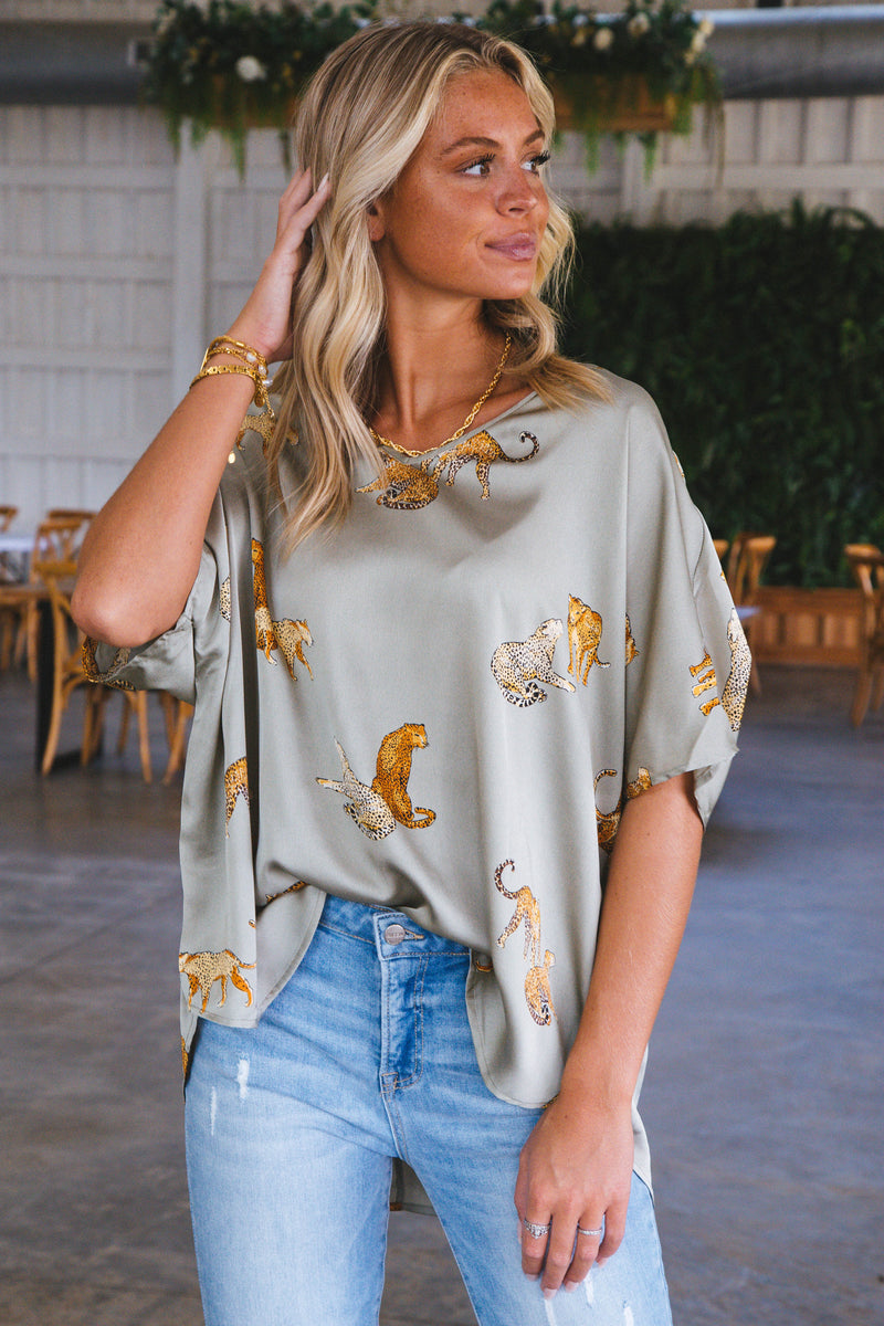 Leopard Satin Boxy Top, Sage