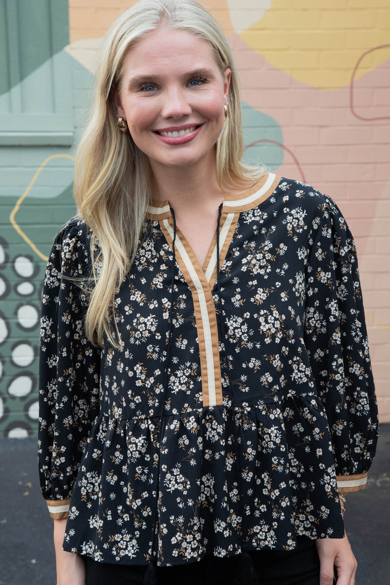 Wren Ditsy Floral Peplum Blouse, Black Multi