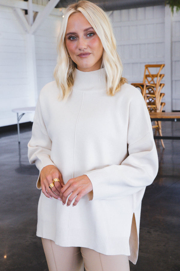 Cora Mock Neck Knit Sweater, Cream