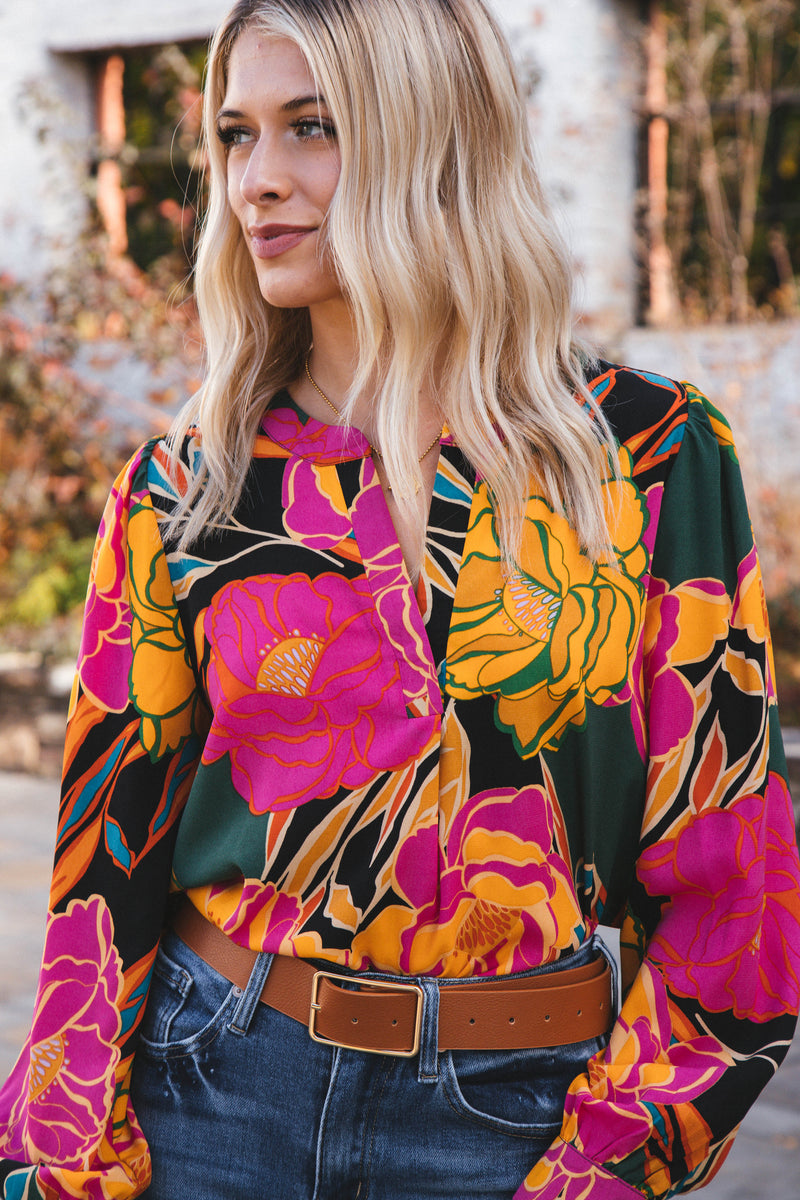 Amayah Long Sleeve Floral Split Neck Blouse, Black/Hunter Green