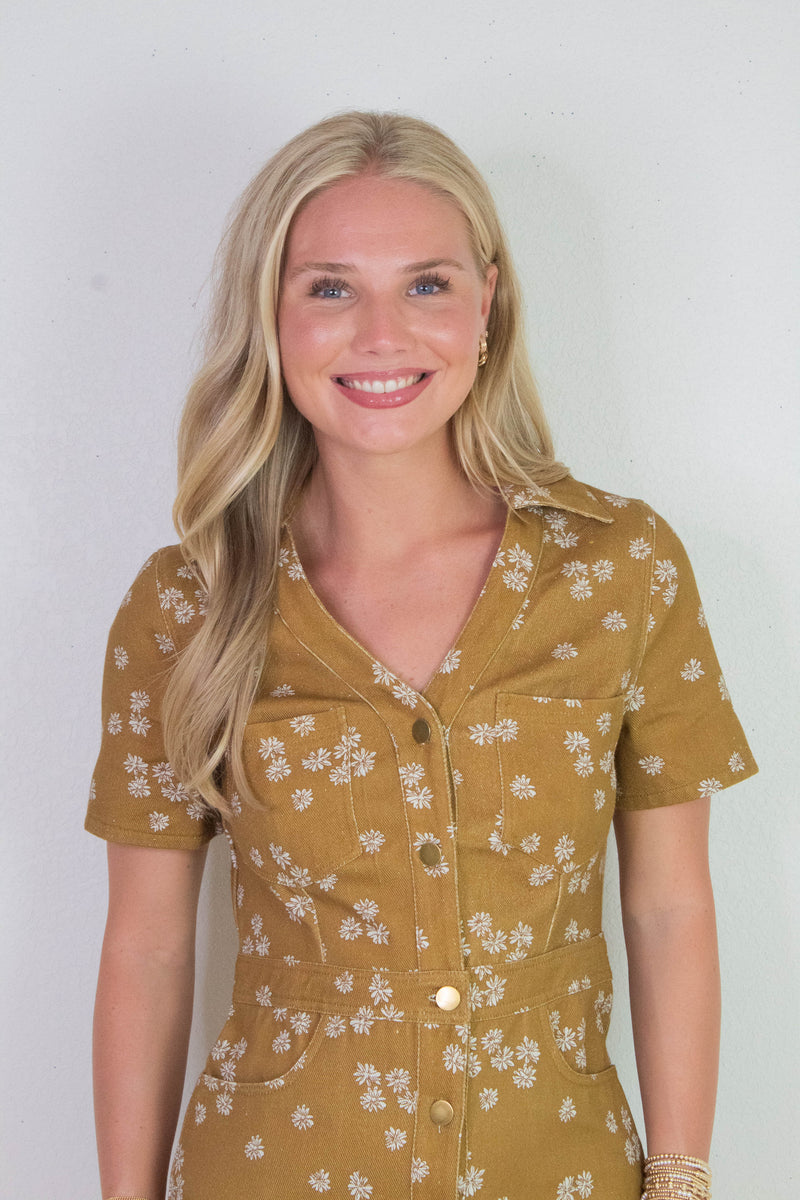 Susannah Collared Shirt Dress, Dark Mustard/Ivory Floral