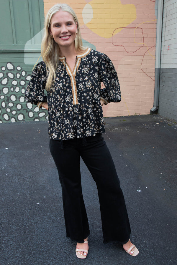 Wren Ditsy Floral Peplum Blouse, Black Multi