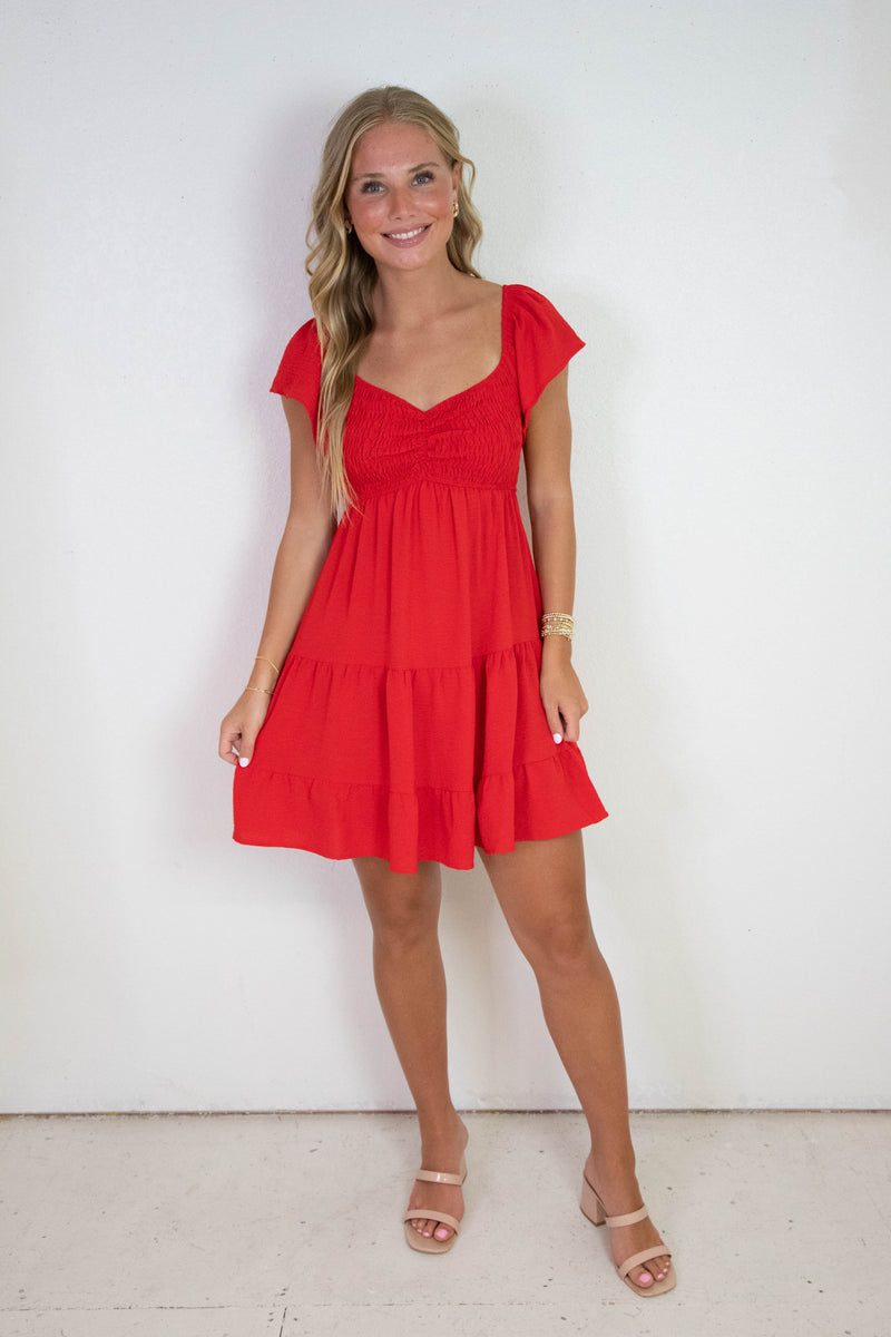 Katie Flutter Sleeve Smocked Mini Dress, Red