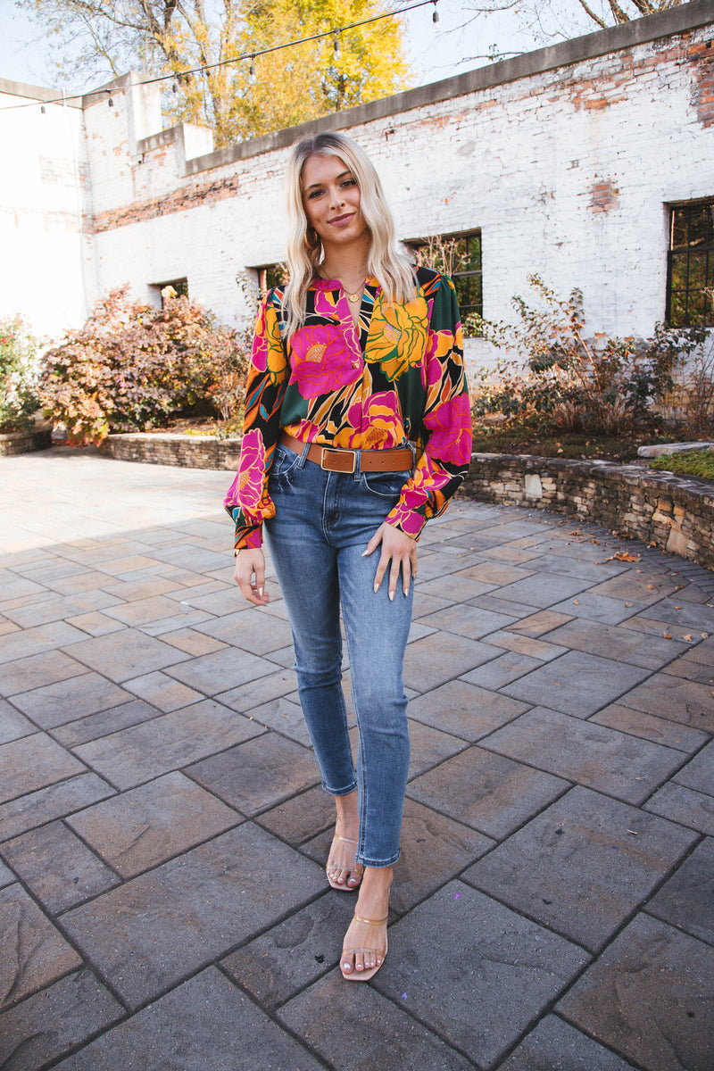 Amayah Long Sleeve Floral Split Neck Blouse, Black/Hunter Green