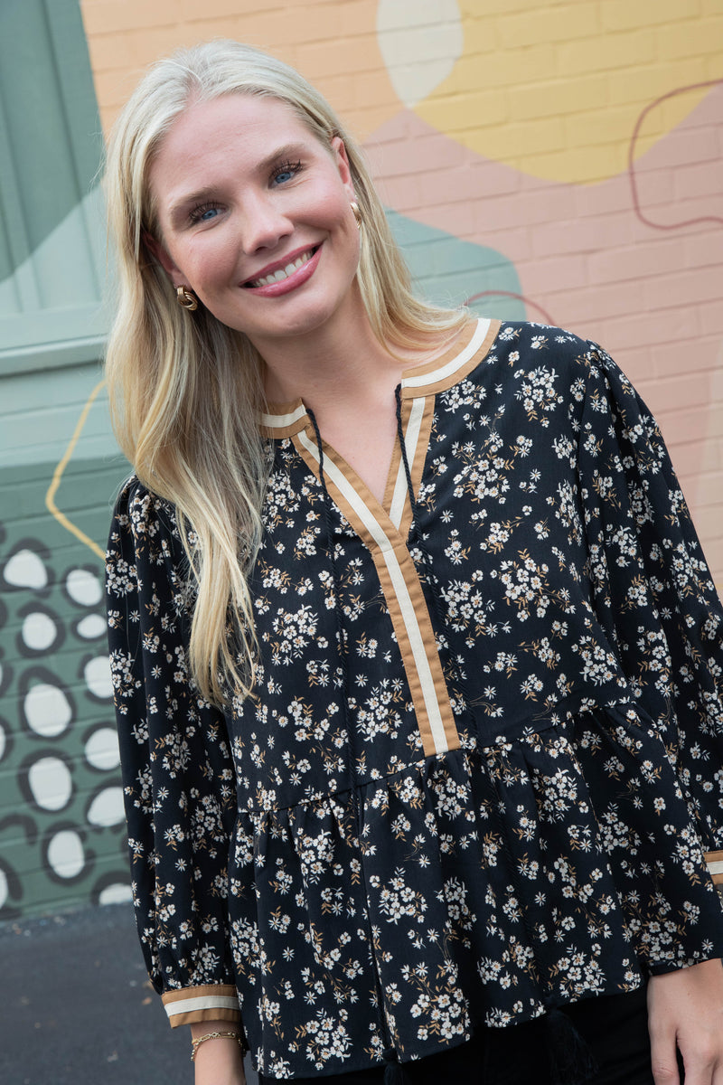 Wren Ditsy Floral Peplum Blouse, Black Multi