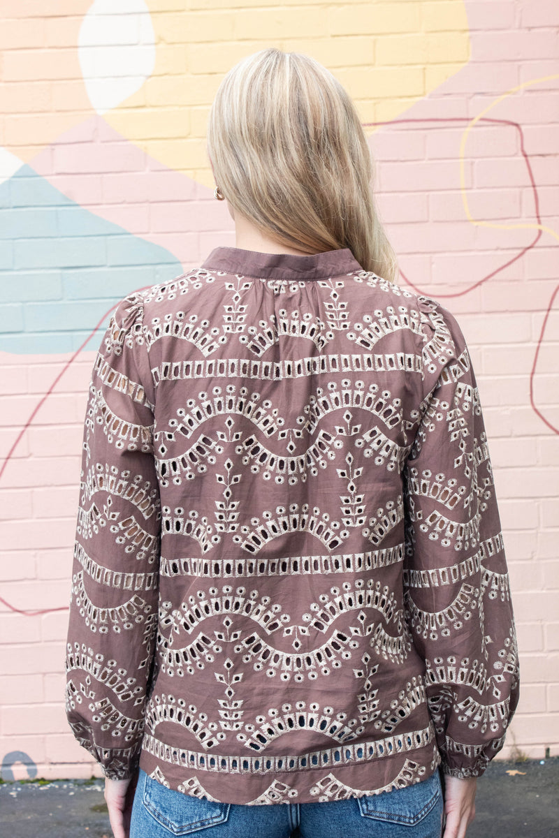 Daphne Eyelet Embroidered Blouse, Mocha