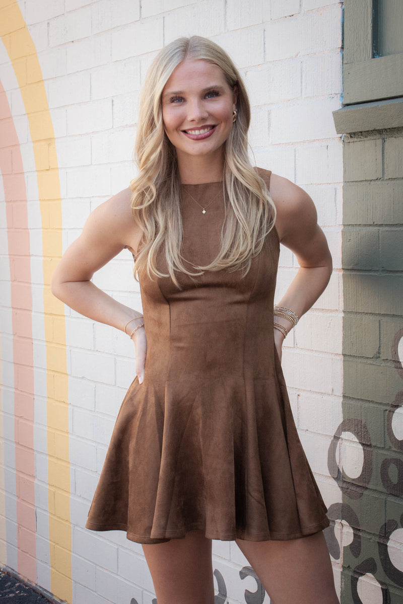 Indi Faux Suede Flare Dress, Camel Brown