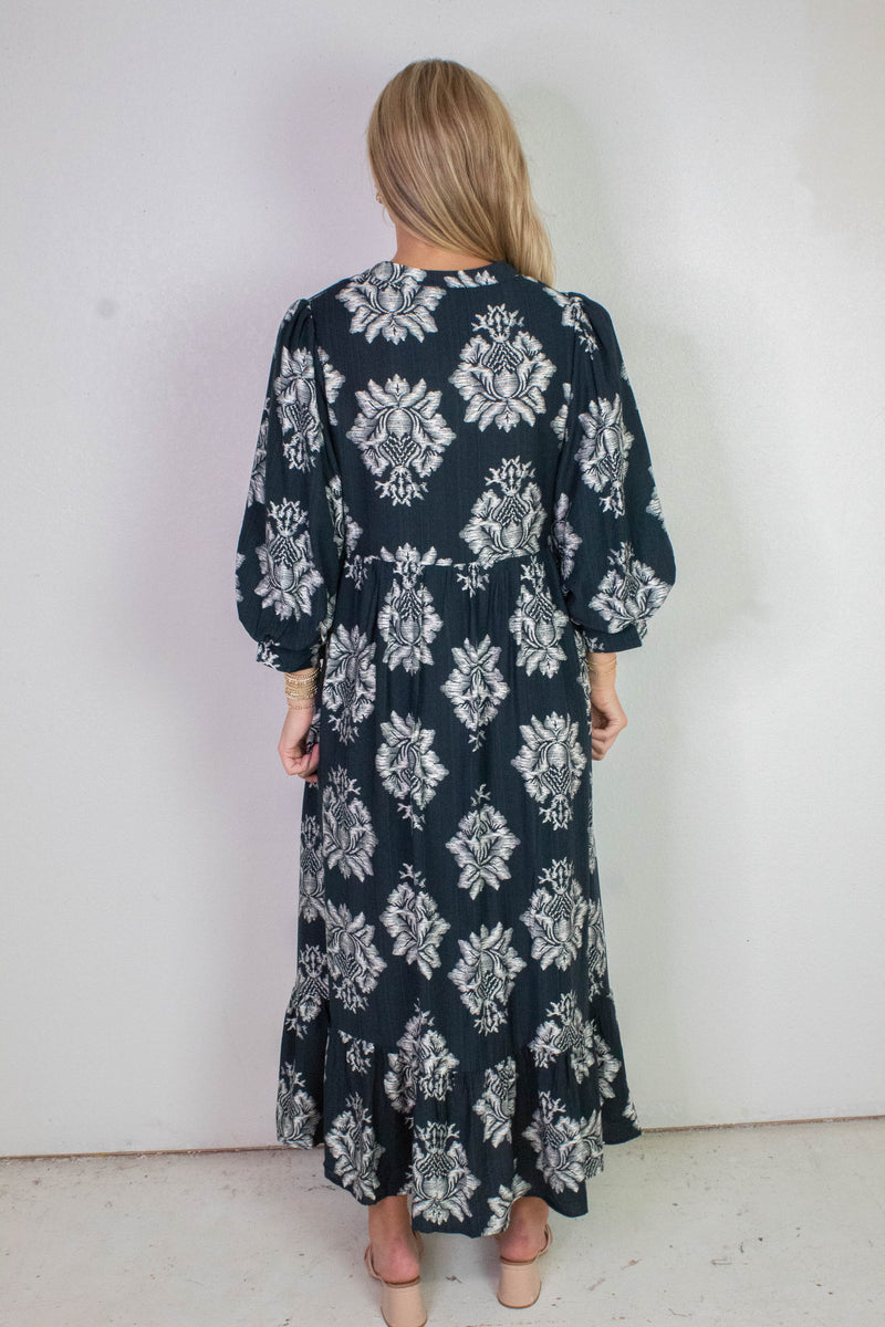 Cecilia Boho Floral Midi Dress, Navy