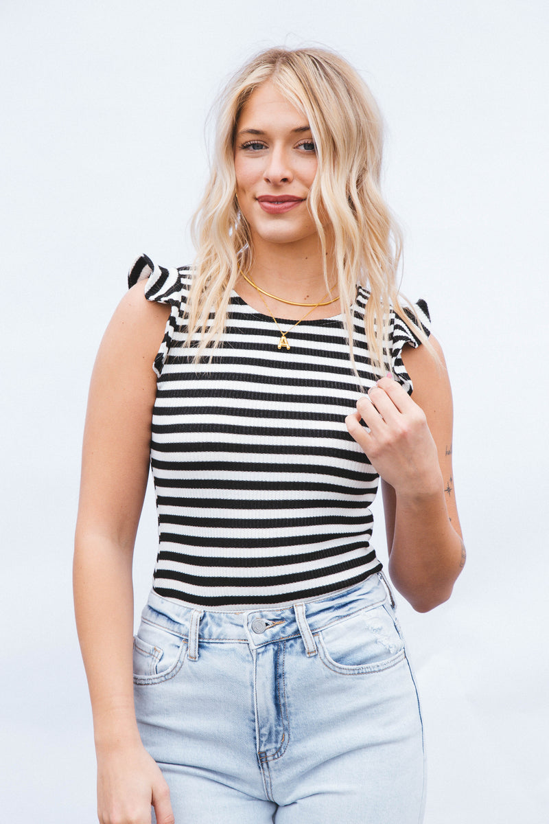 Zayla Ruffle Stripe Bodysuit, Black/White