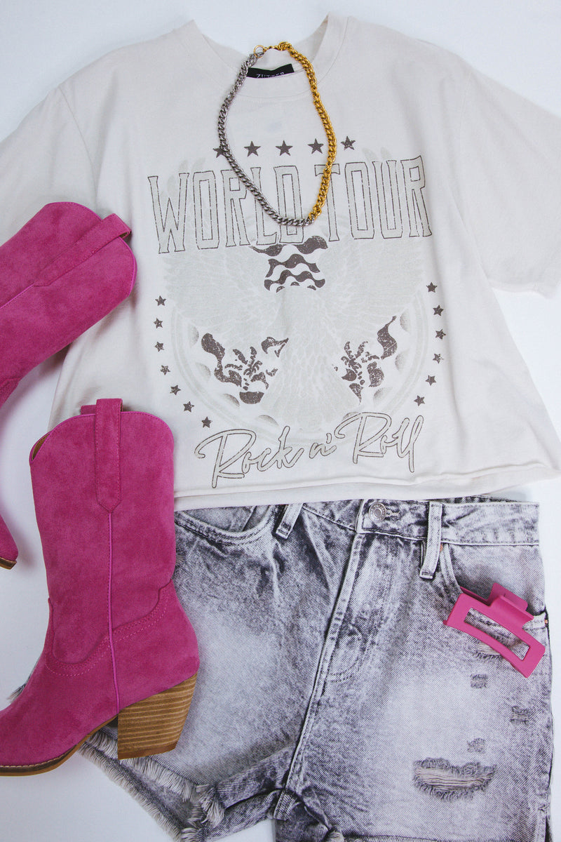 World Tour Cropped Graphic Tee, Antique White