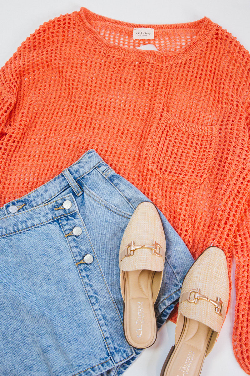 Sissy Solid Open Knit Top, Hot Coral | Plus Size