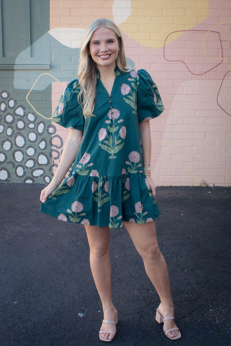 Avery Floral Bubble Sleeve Dress, Hunter Green