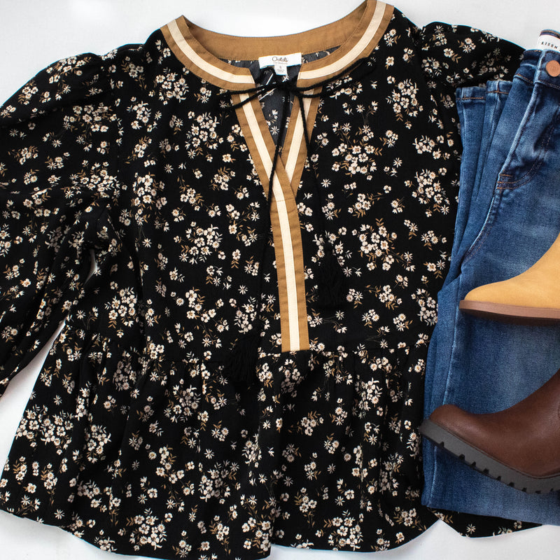 Wren Ditsy Floral Peplum Blouse, Black Multi