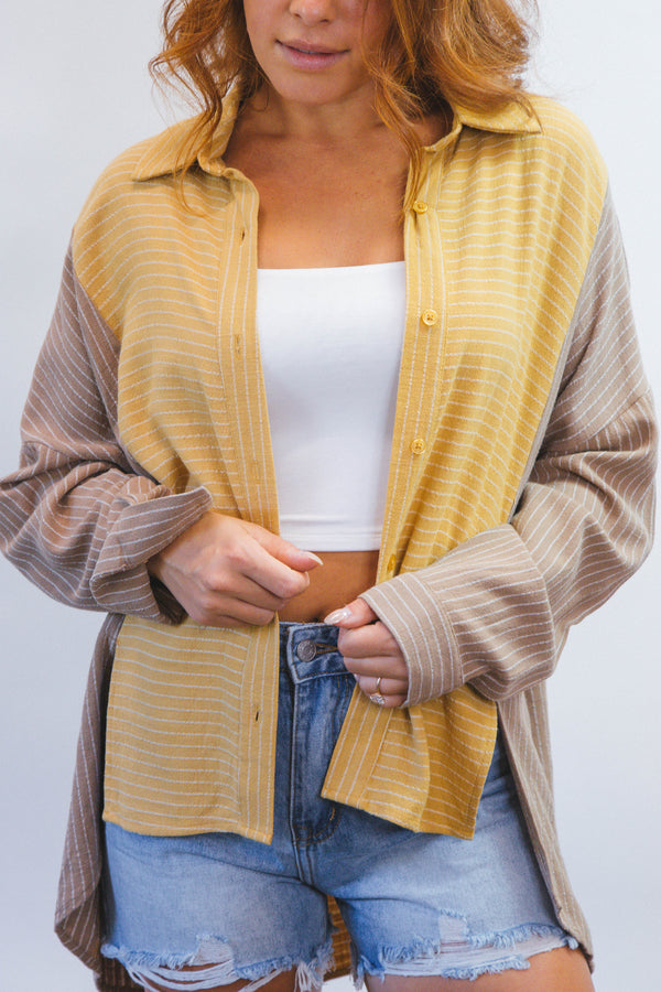Talan Pin Stripe Button Down Top, Mustard/Brown