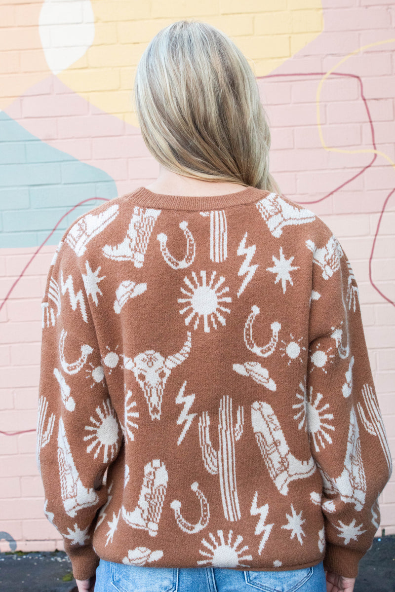 Halle Western Graphic Oversized Sweater, Camel